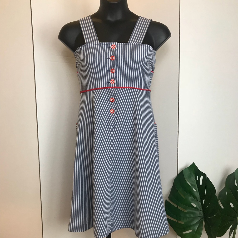 #1 White & Blue Stripped Retro Dress w/ Red Detail